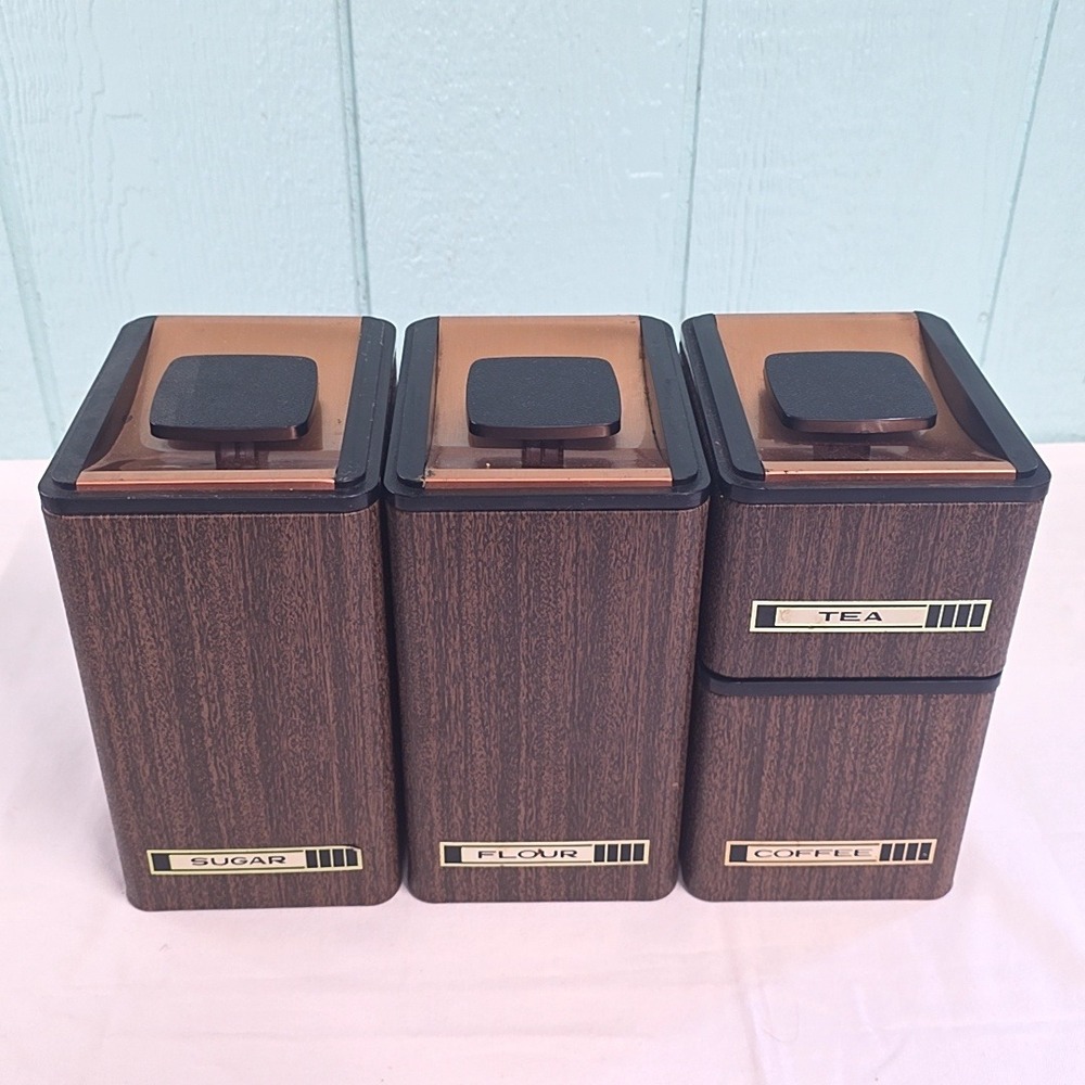 Kromex Canister Set Unisex OS Brown Wood Grain Copper MCM 4 Piece Vintage USA